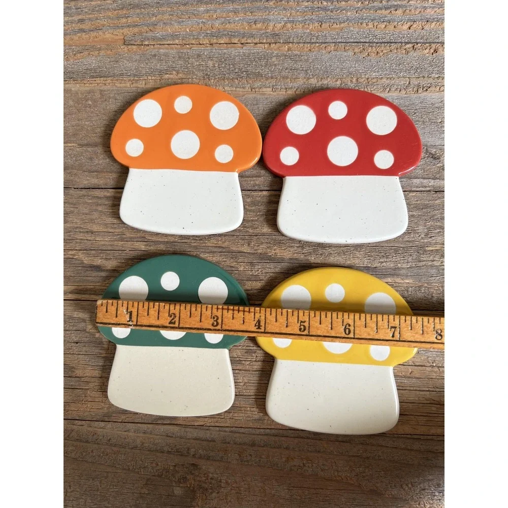 Mushroom‎ Ceramic Drink Coasters Set Of 4 Polka Dot Retro Mod Kitchen Decor